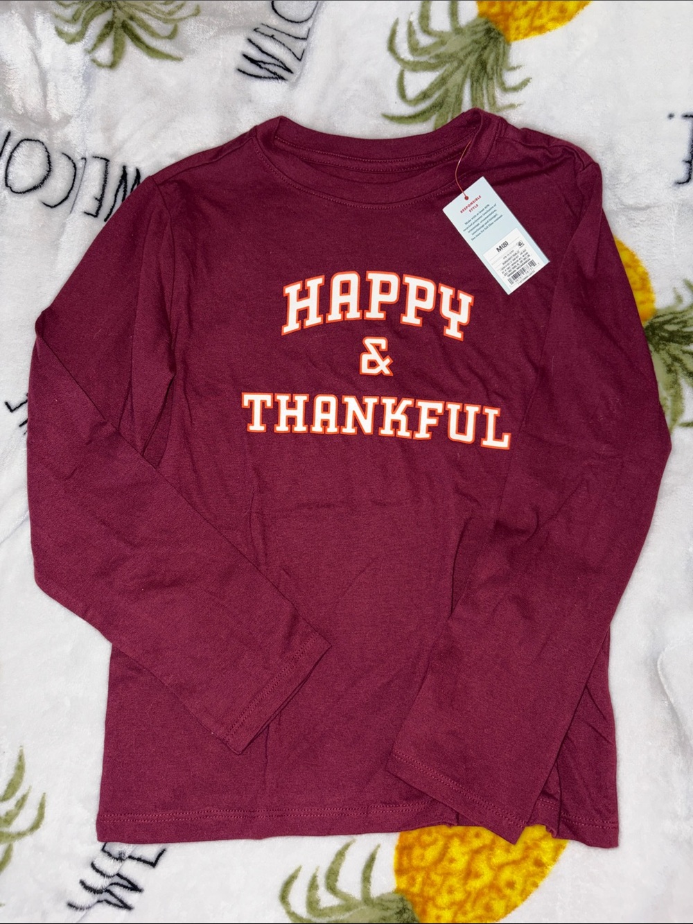 Kids "Happy & Thankful" Long-Sleeve Top - Burgundy multi sizes